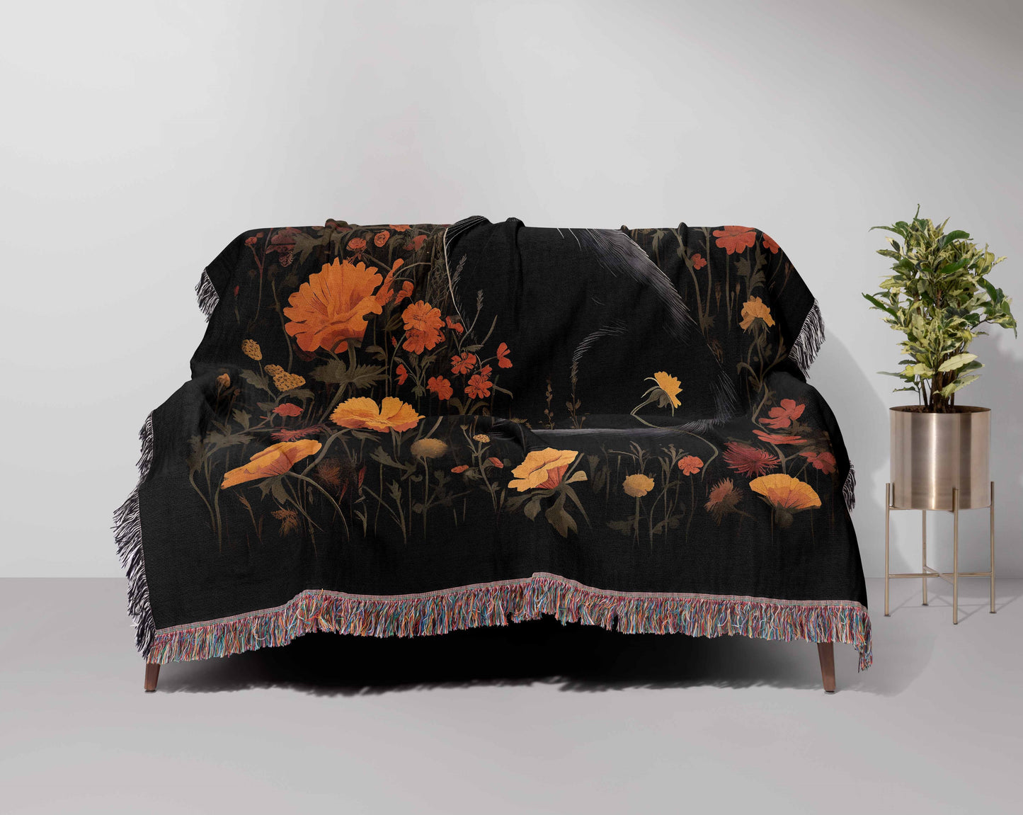 Black Cat Fall Floral Moon 50" x 60" Gift Woven Jacquard Blanket