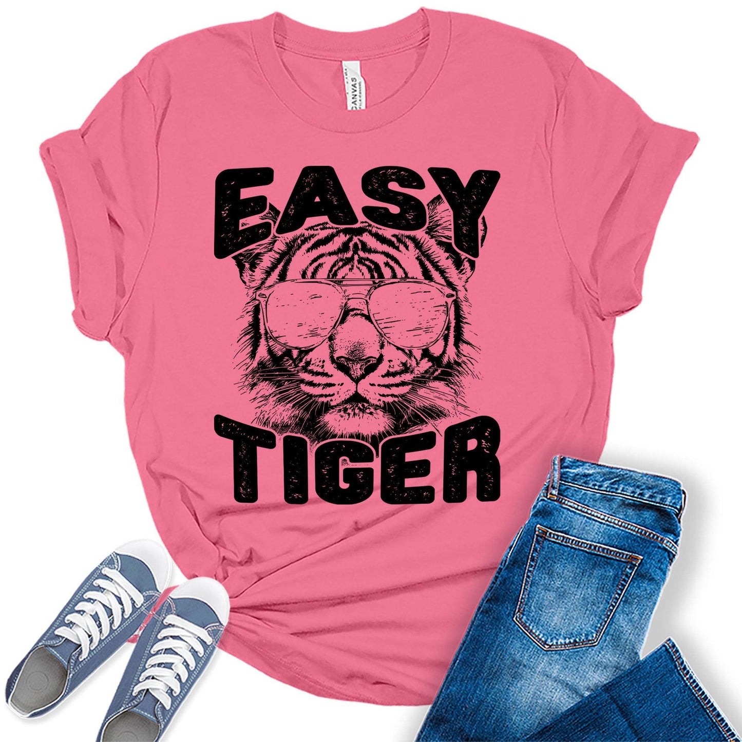 Women's Easy Tiger Shirt Funny Casual Graphic Tees Bella Plus Sized Tops
