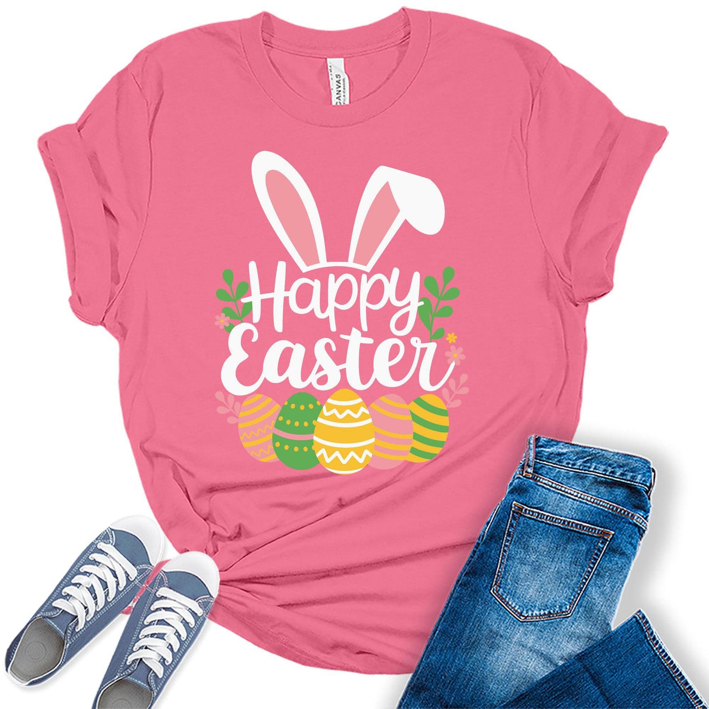 Women's Happy Easter Shirt Bunny Eggs Cute Trendy Casual Graphic Tees Bella Plus Sized Tops