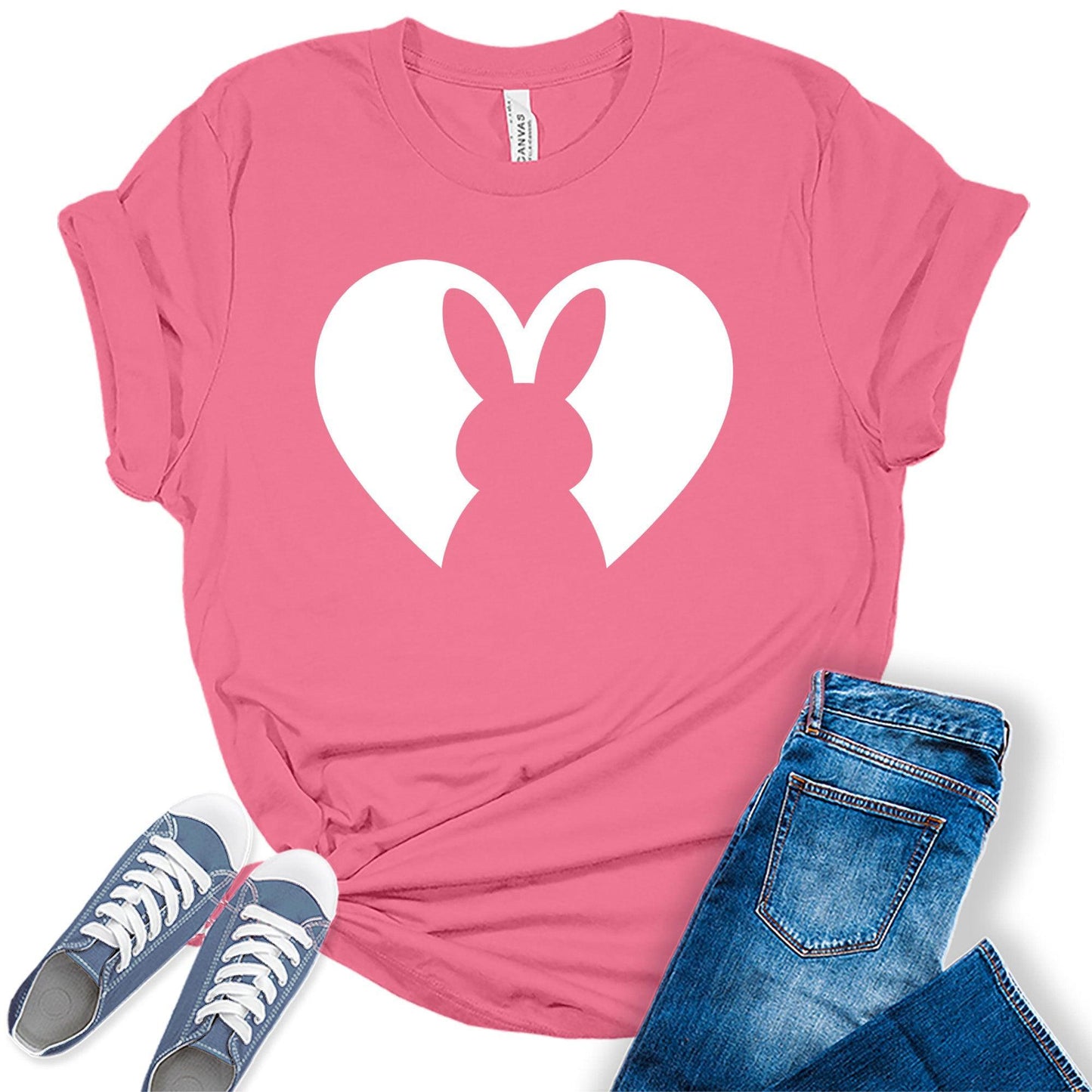 Women's Cute Easter Bunny Heart Shirt Trendy Casual Graphic Tees Bella Plus Sized Tops