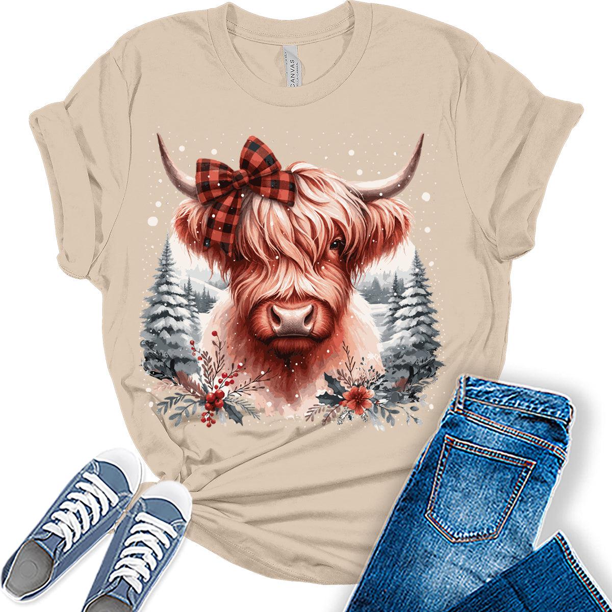 Highland Cow Shirt Buffalo Plaid Tshirt Womens Winter Christmas Graphic Tees
