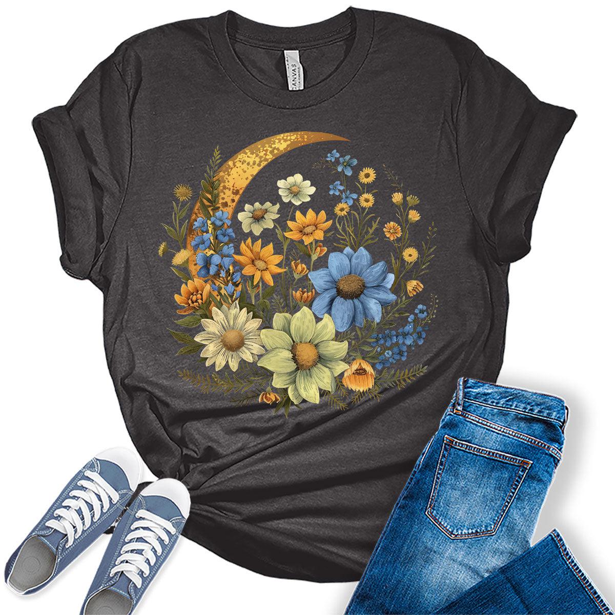 Crescent Moon Flowers Shirt Cottagecore Aesthetic Floral Graphic Tees for Women