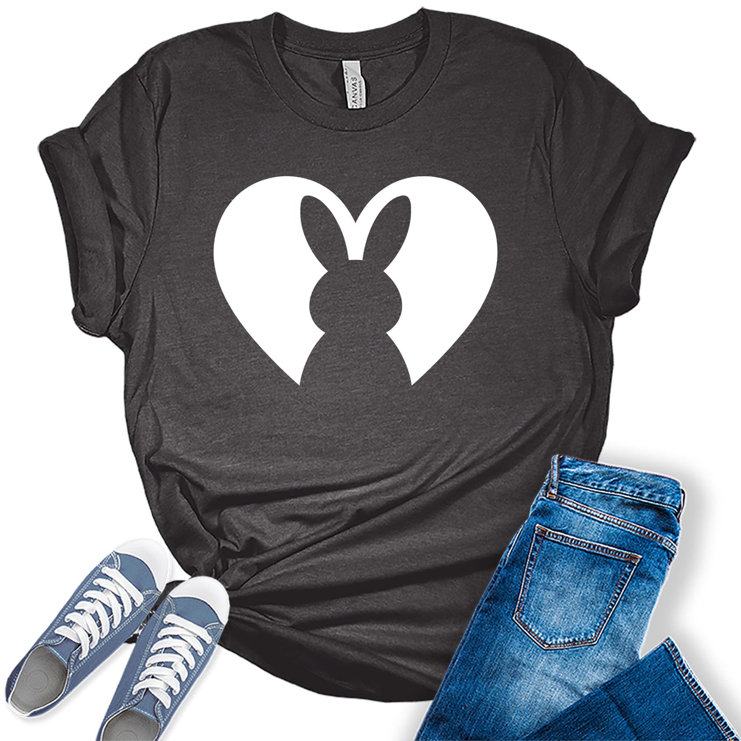 Women's Cute Easter Bunny Heart Shirt Trendy Casual Graphic Tees Bella Plus Sized Tops