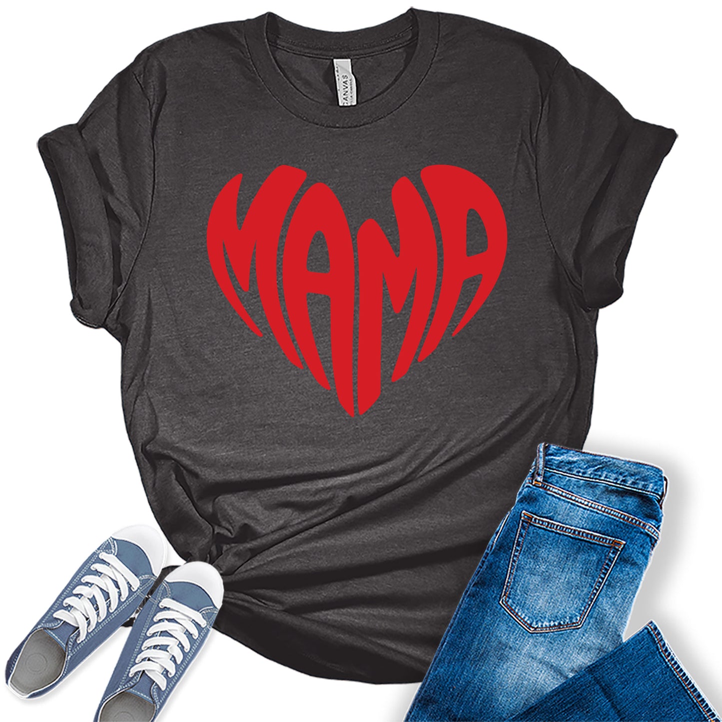 Mama Shirt Cute Heart Graphic Tees for Women Retro Bella Plus Sized Tops