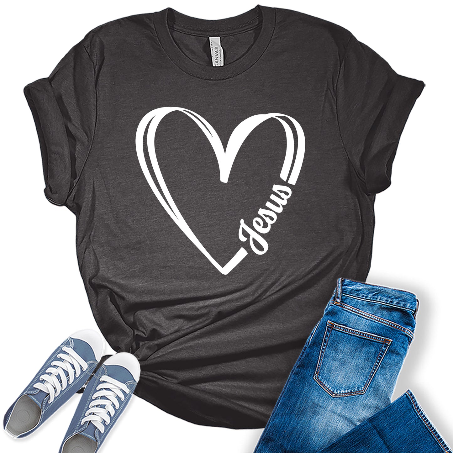 I Love Jesus Shirt Christian T Shirt for Women Heart Graphic Tees Bella Plus Sized Tops
