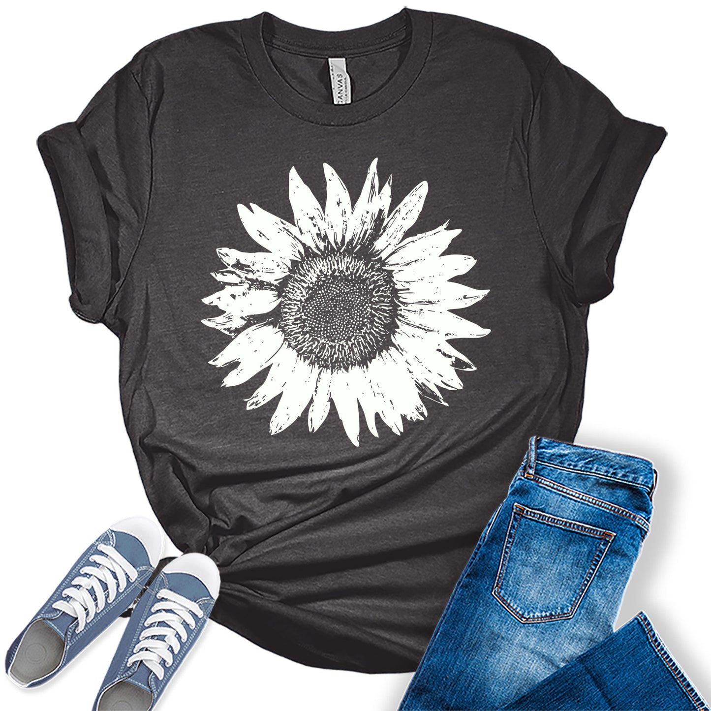 Women's Summer Short Sleeve Cute Sunflower Graphic Printed Tee Vintage T Shirt Cotton Tops Novelty Shirts
