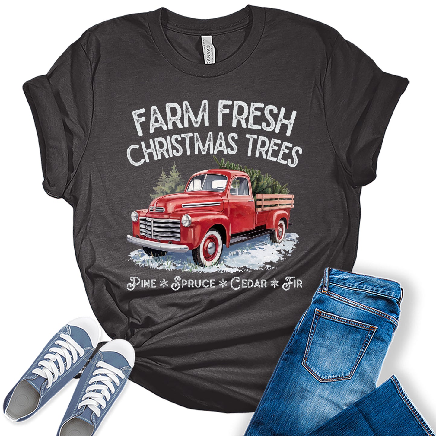 Christmas Shirts for Women Graphic Tee Farm Fresh Christmas Tree Holiday Truck Tshirt