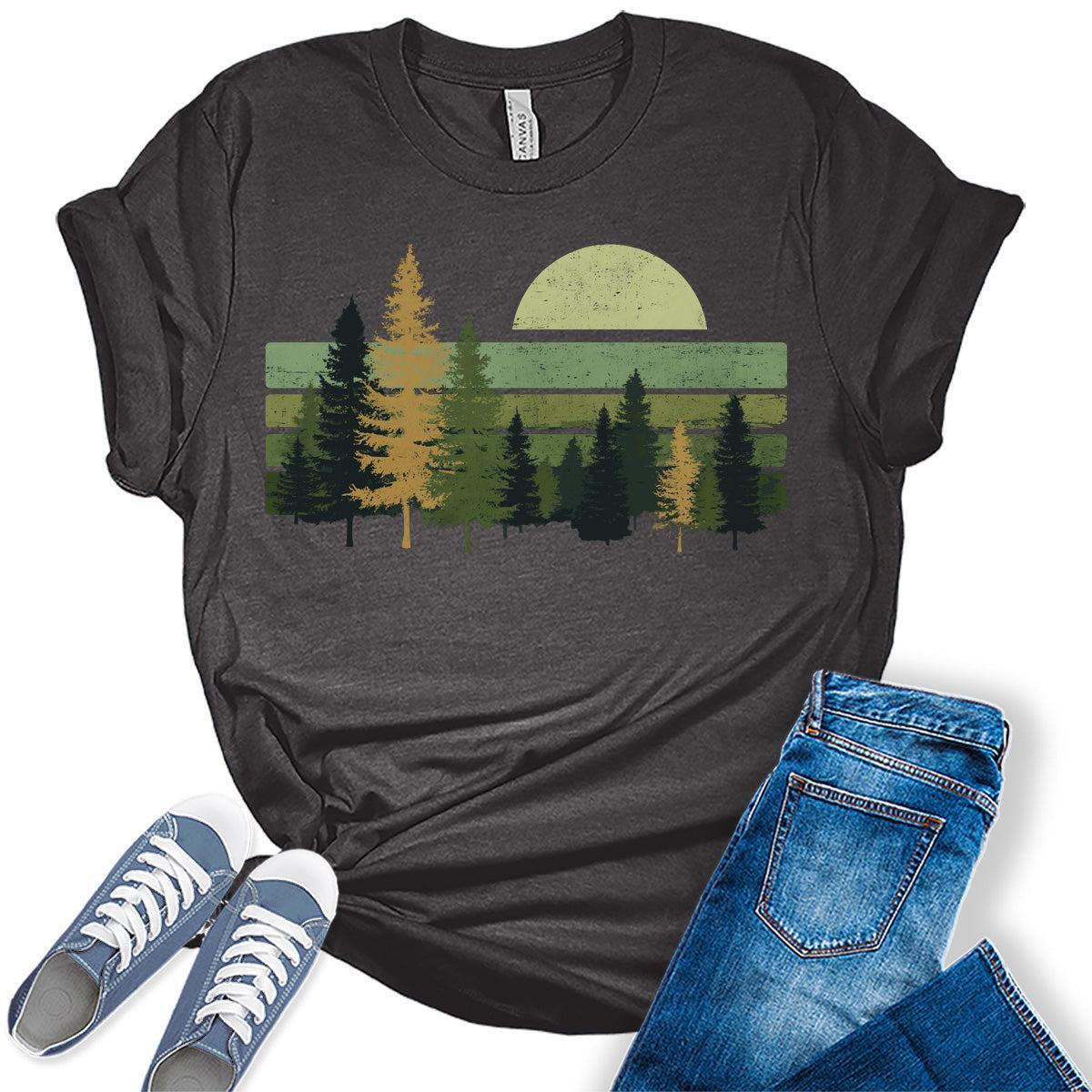 Camping T-Shirt for Women Vintage Trees Wildlife Nature Tops Forest Graphic Tee Casual Shirt
