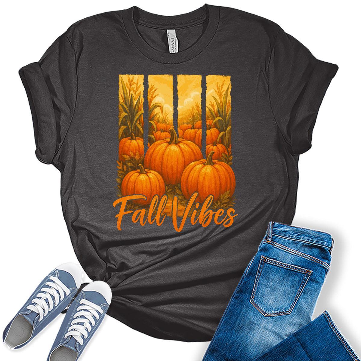 Fall Vibes Pumpkin Graphic T-Shirt for Women Vintage Thanksgiving Tees Casual Fall Shirt