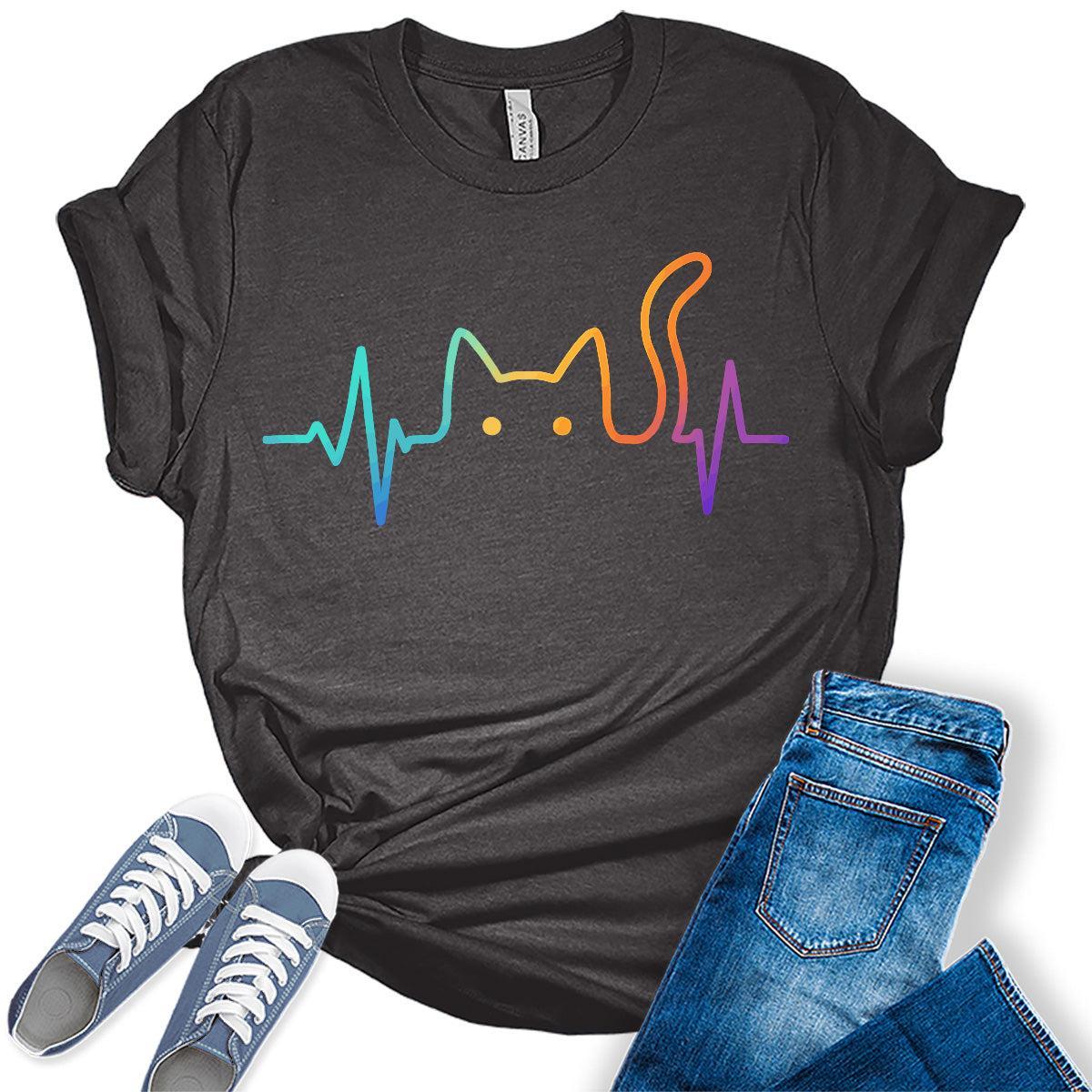 Heartbeat Cat Lover Animal Silhouette Cute Cat T-Shirt Funny Novelty Bella Plus Sized Tops