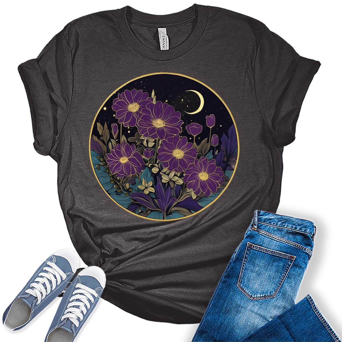 Boho Tops Floral Shirts Womens Graphic Tees Purple Wildflower Vintage Moon Cottagecore T Shirts