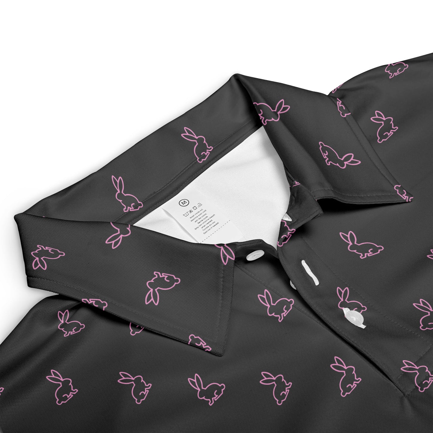 Black Polo Golf Shirt for Men Pink Easter Bunny Festive Rabbit Print Moisture Wicking Short Sleeve Top