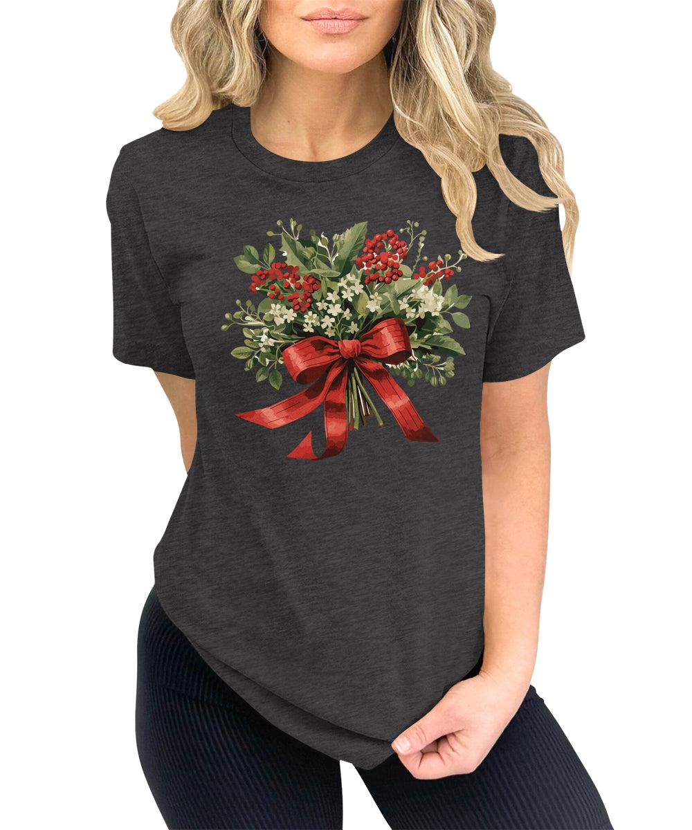 Christmas Shirt for Women Holly Graphic Tees Cute Floral Tops