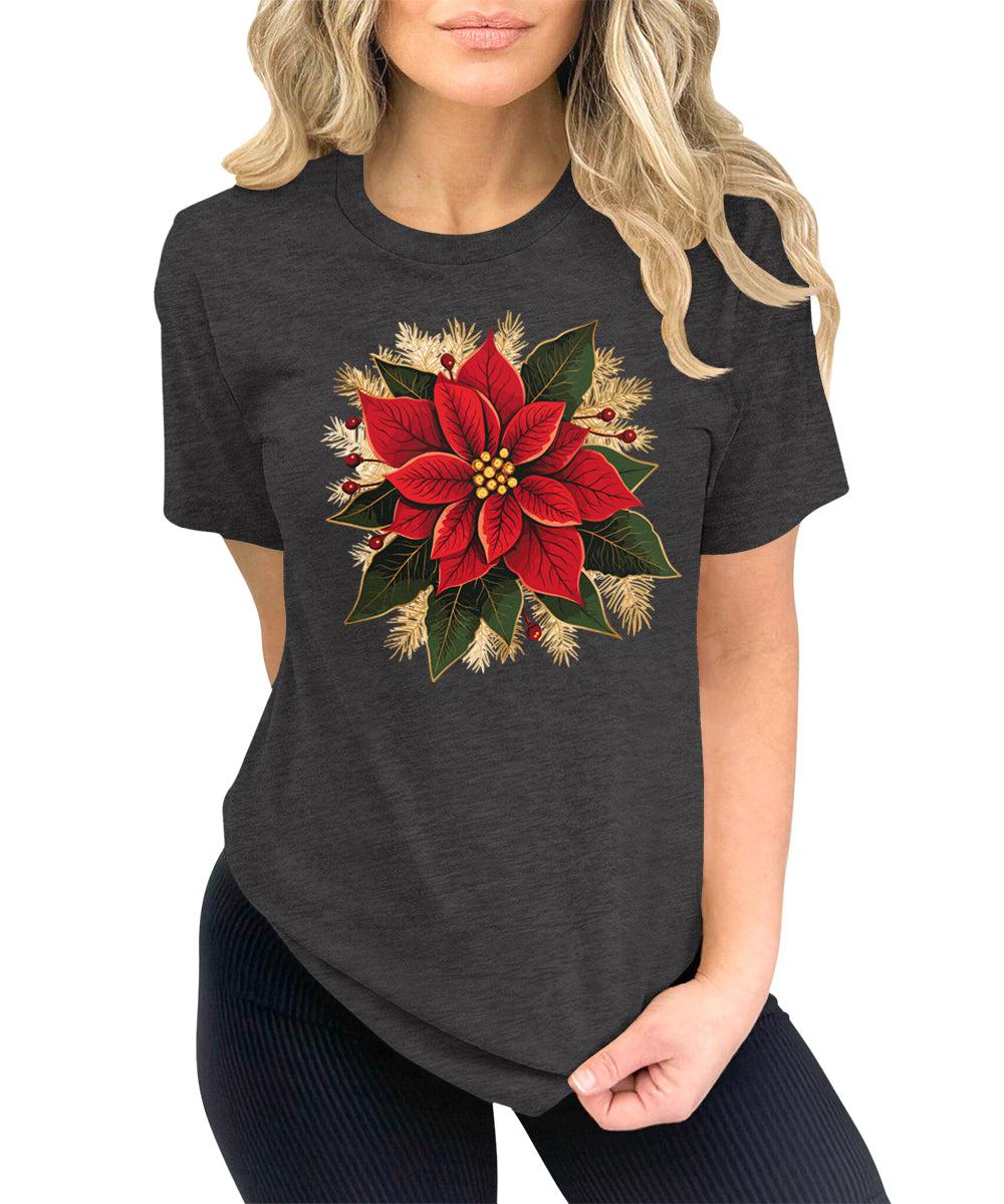 Christmas Shirts for Women Poinsettias Flower Graphic Tees Holiday Xmas Tshirts