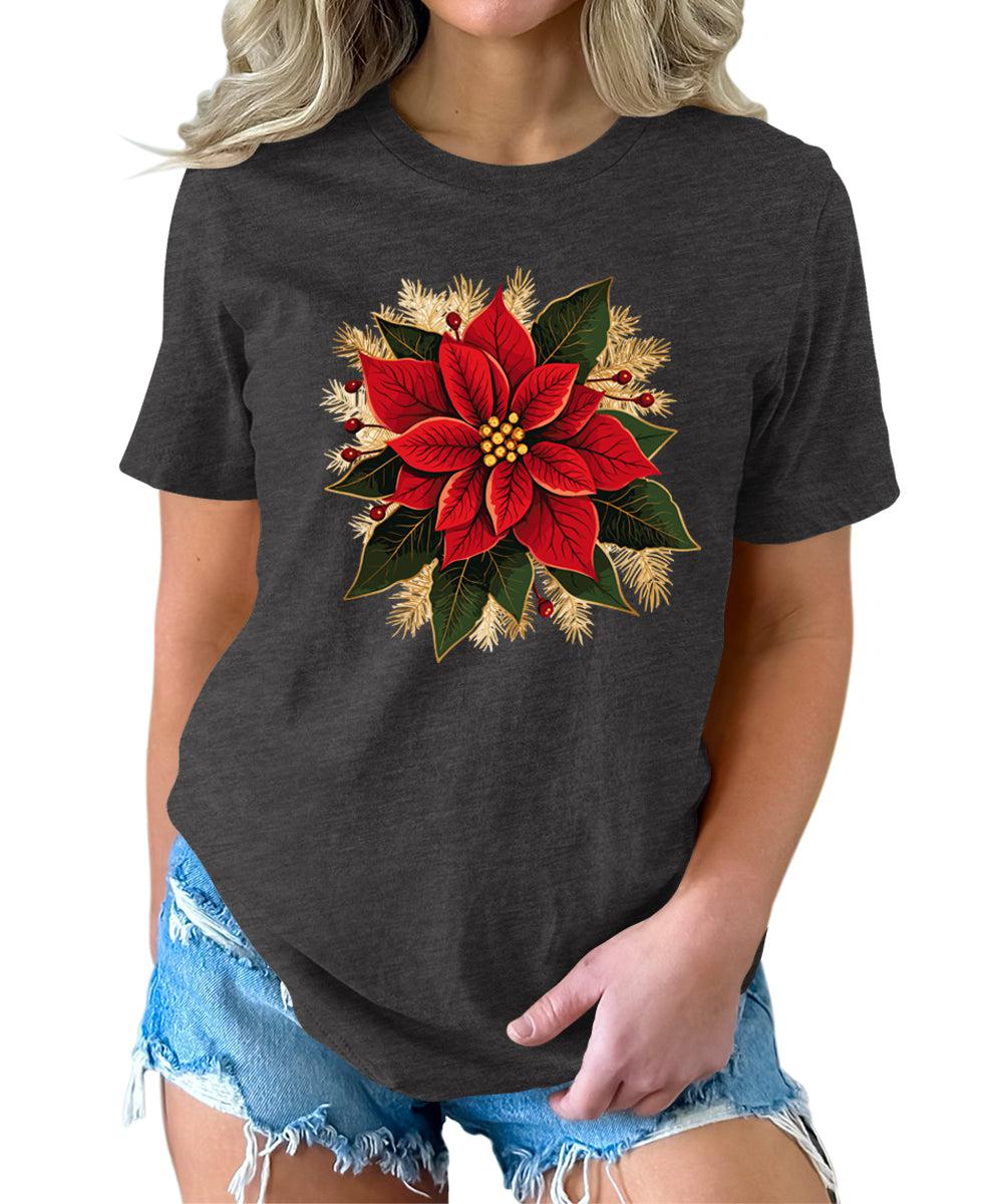 Christmas Shirts for Women Poinsettias Flower Graphic Tees Holiday Xmas Tshirts