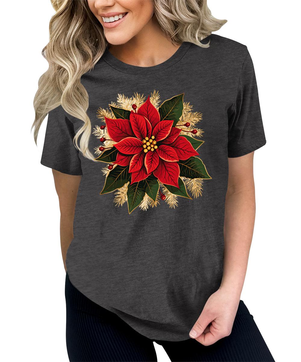Christmas Shirts for Women Poinsettias Flower Graphic Tees Holiday Xmas Tshirts