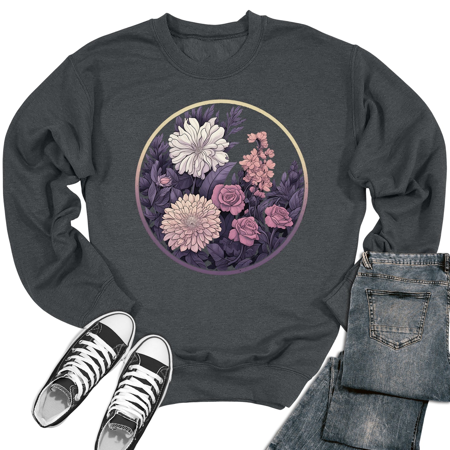 Women's Purple Floral Circle Crewneck Sweatshirt