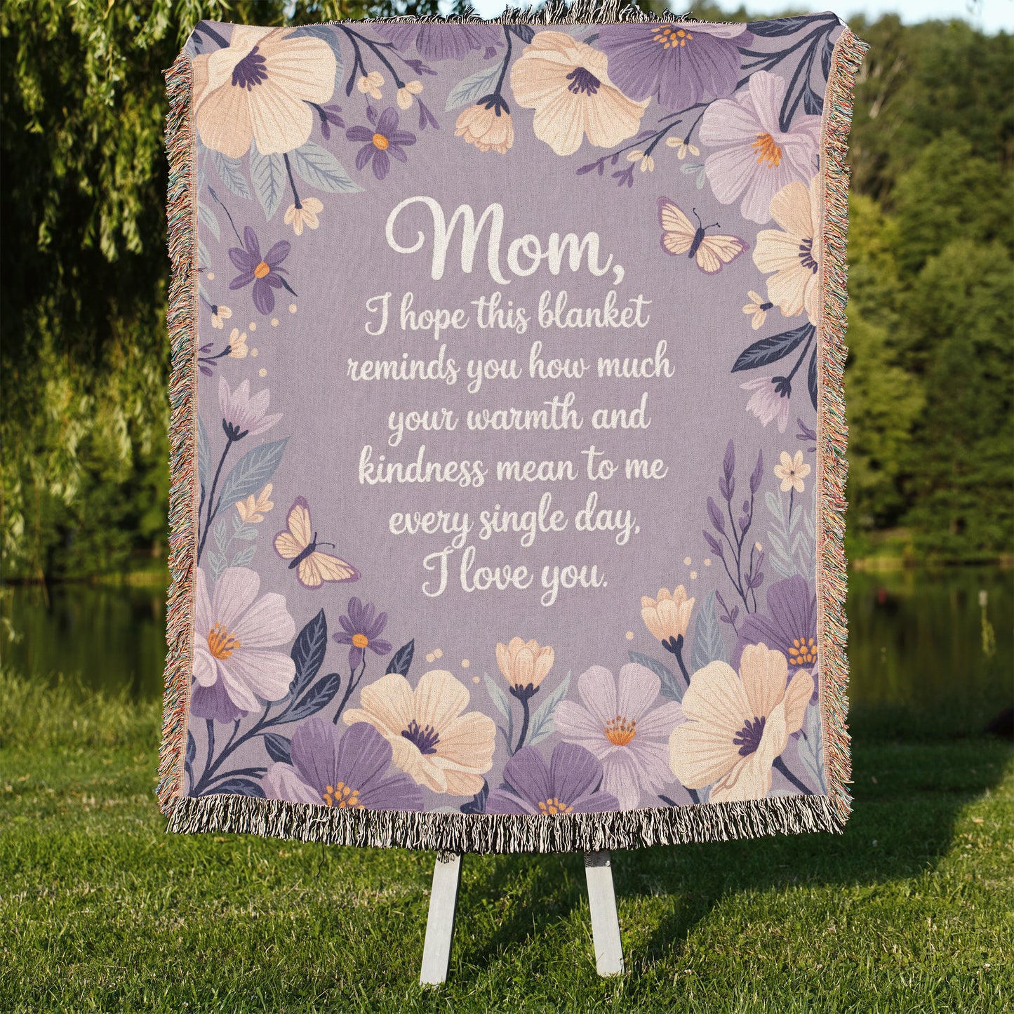 Mom Love You Floral Gift for Mother's Day Gift Purple Woven Blanket - Ships Free