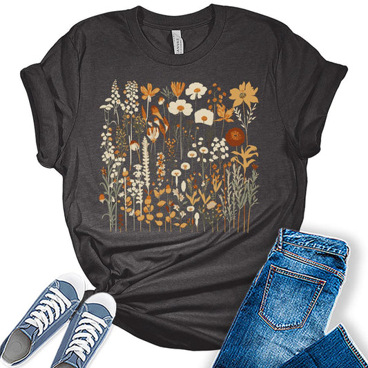 Womens Wildflower Graphic T Shirt Vintage Floral Shirt Boho Flower Tee Fall Cottagecore Shirts