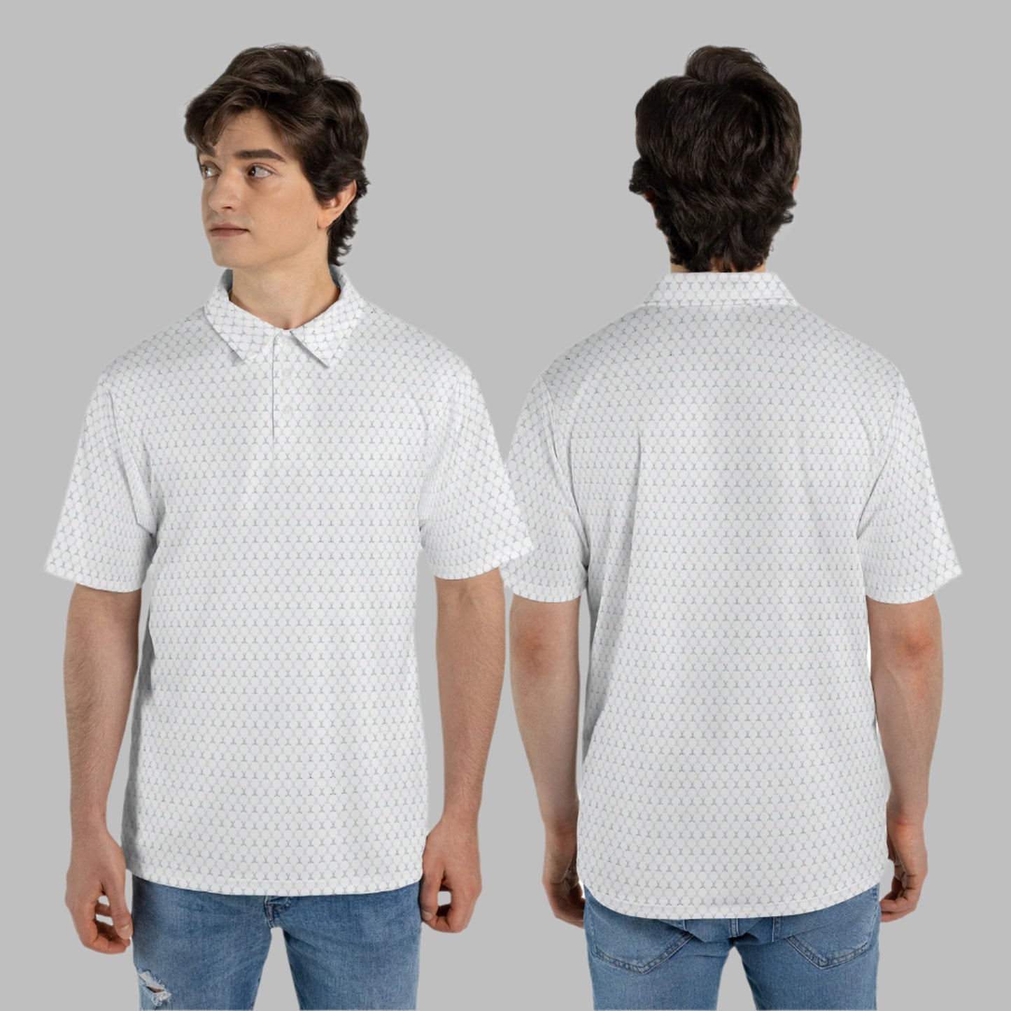 White patterned polo shirt worn by a model on a white background