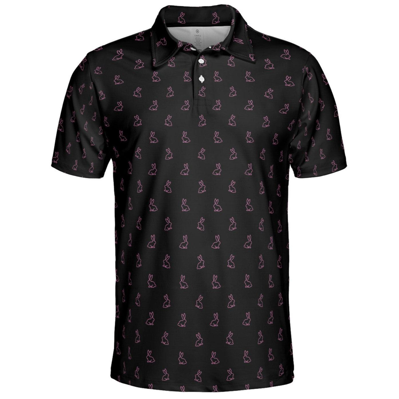 Black Polo Golf Shirt for Men Pink Easter Bunny Festive Rabbit Print Moisture Wicking Short Sleeve Top
