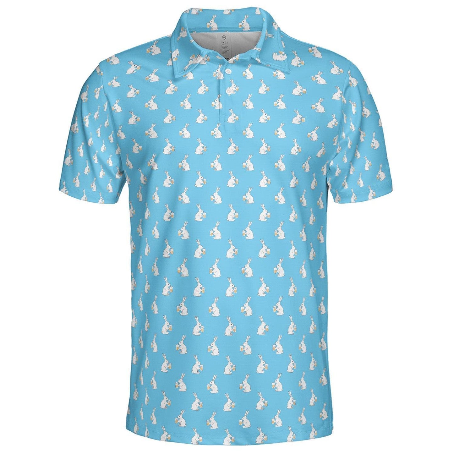 Beer Bunny Blue Easter Polo Golf Shirt for Men Funny White Rabbit Moisture Wicking Short Sleeve Golf Top