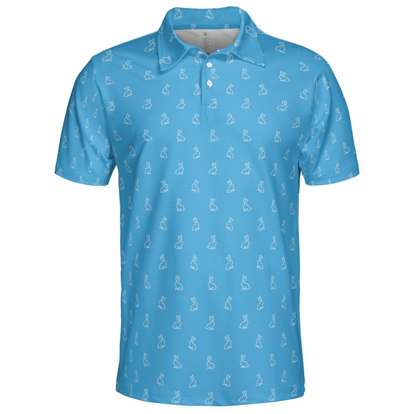 Blue Easter Bunny Polo Golf Shirt for Men Festive Rabbit Print Moisture Wicking Short Sleeve Top