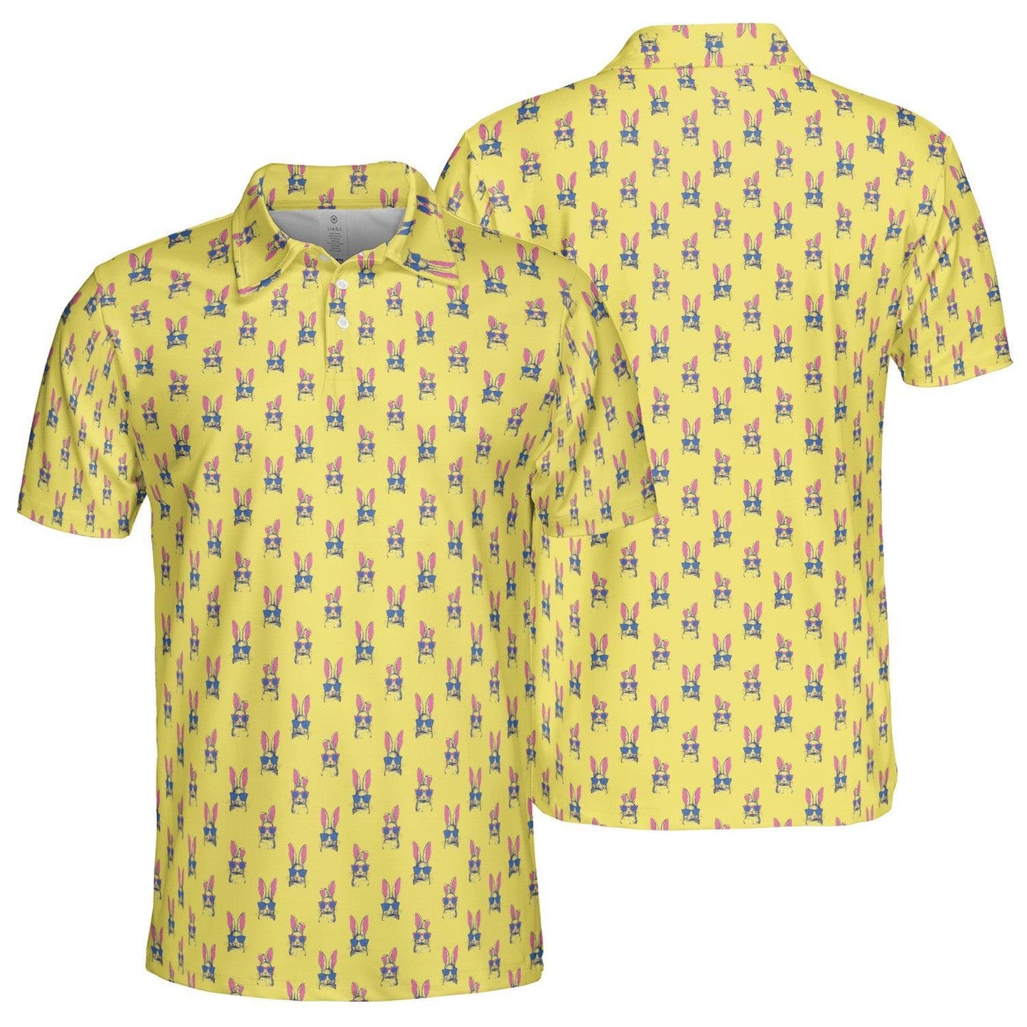 Yellow Easter Polo Golf Shirt for Men Funny Bunny Ears Short Sleeve Moisture Wicking Top