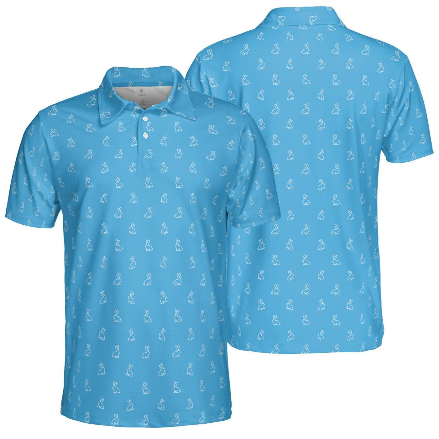 Blue Easter Bunny Polo Golf Shirt for Men Festive Rabbit Print Moisture Wicking Short Sleeve Top