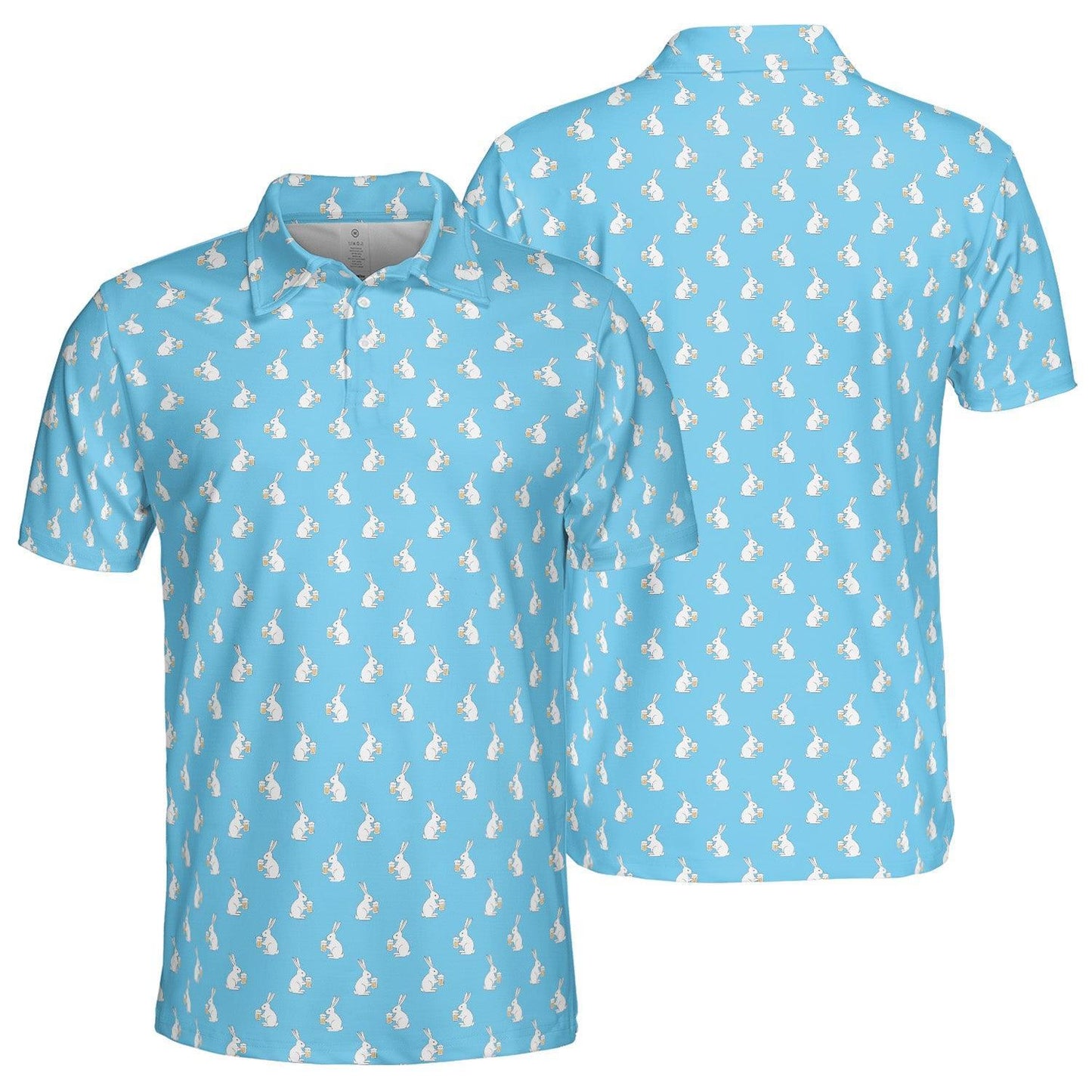 Beer Bunny Blue Easter Polo Golf Shirt for Men Funny White Rabbit Moisture Wicking Short Sleeve Golf Top