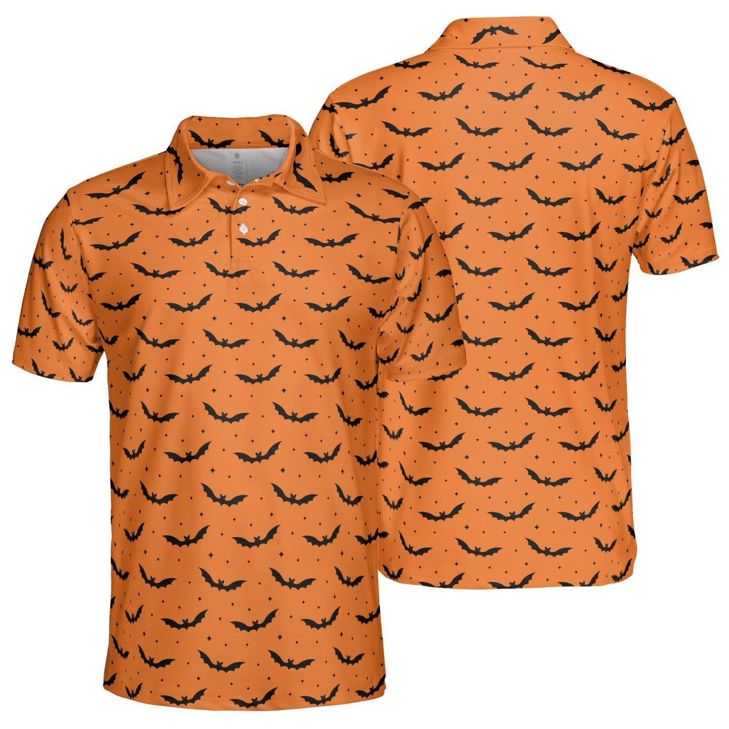 Halloween Bat Polo Shirt for Men Orange Black Spooky Print Moisture Wicking Short Sleeve Golf Top