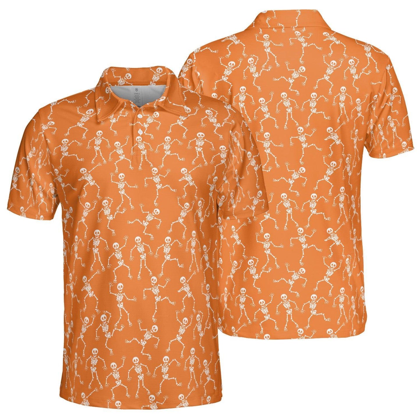 Halloween Skeleton Polo Shirt for Men Orange White Moisture Wicking Short Sleeve Golf Top