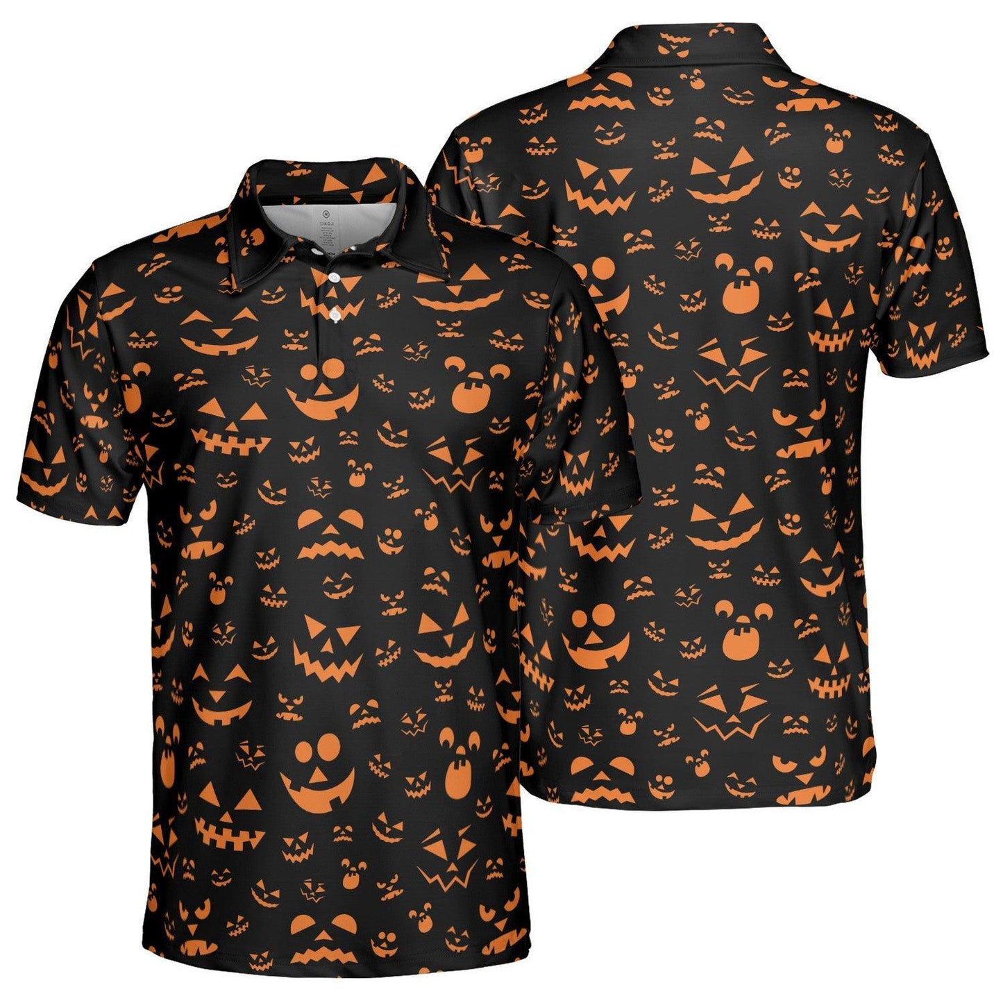 Halloween Jack O Lantern Polo Shirt for Men Black Orange Moisture Wicking Short Sleeve Golf Top