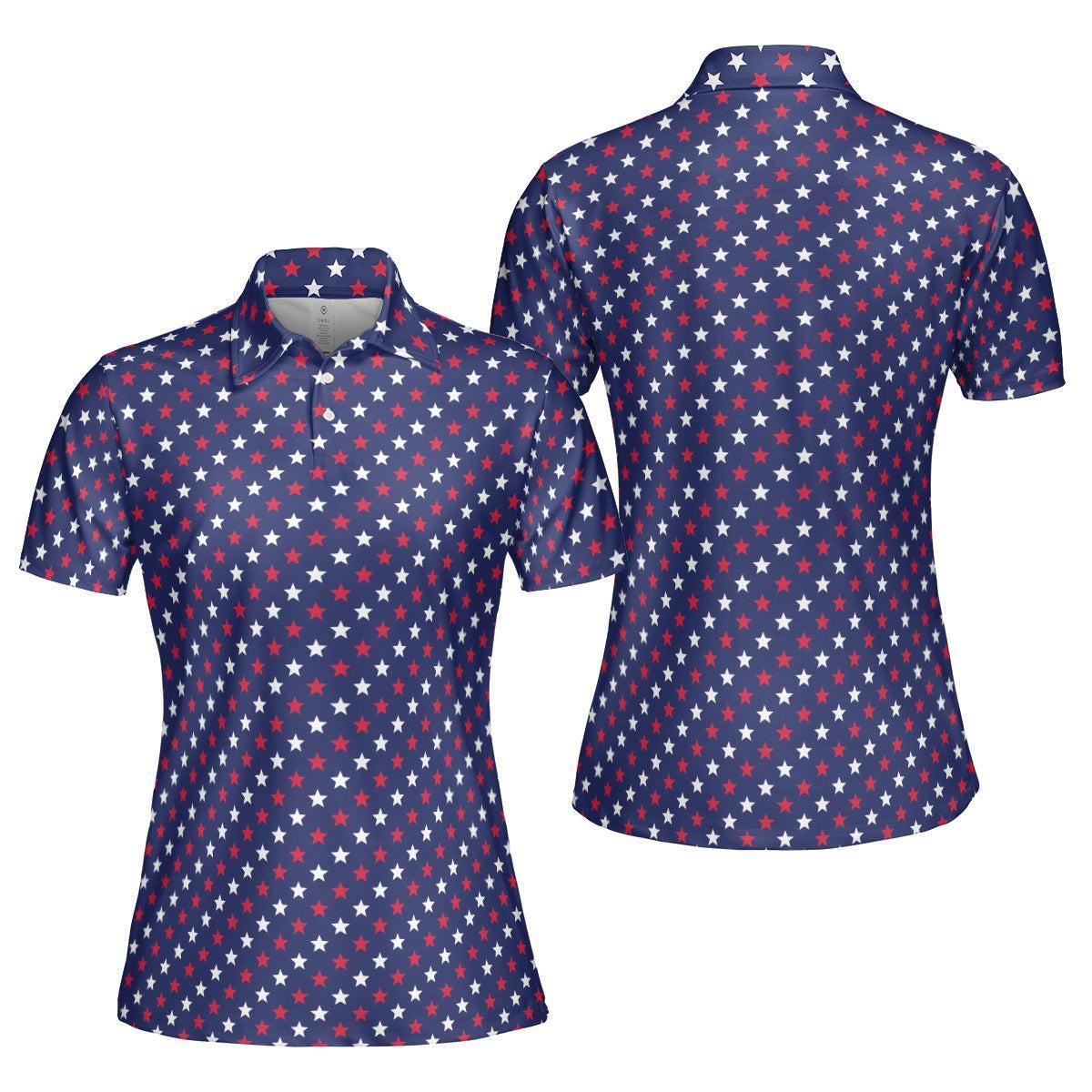 4th of July Blue Polo Patriotic Golf Shirt for Women Red and White Stars Moisture Wicking Summer Top