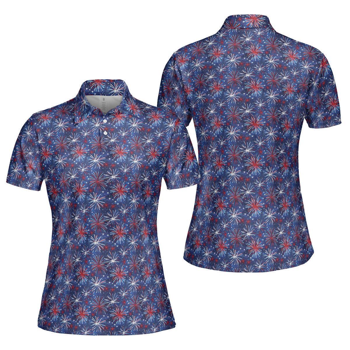 4th of July Blue Polo Patriotic Golf Shirt for Women Red White Blue Fireworks Moisture Wicking Summer Top