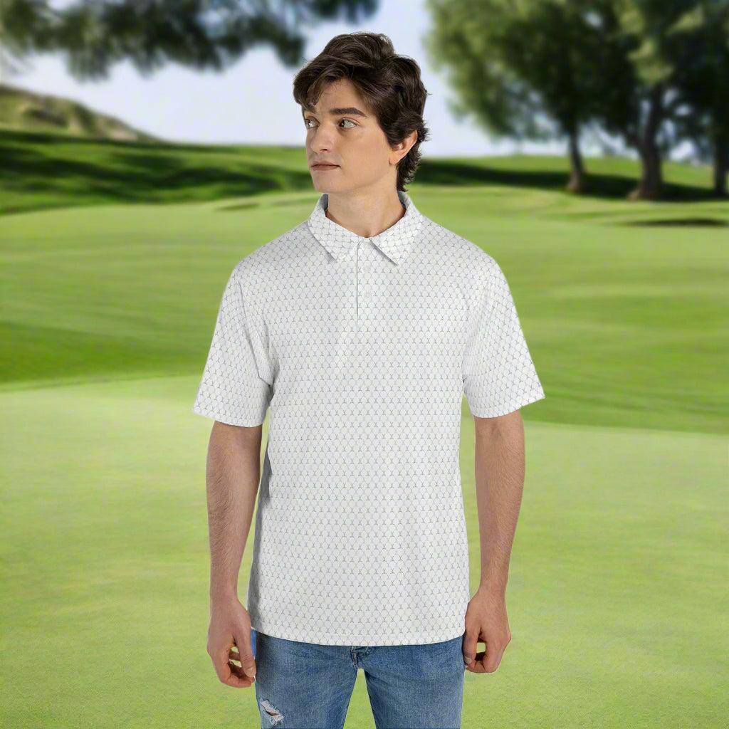 Golf Club Polo Shirt for Men White Navy Blue Moisture Wicking Short Sleeve Golf Top