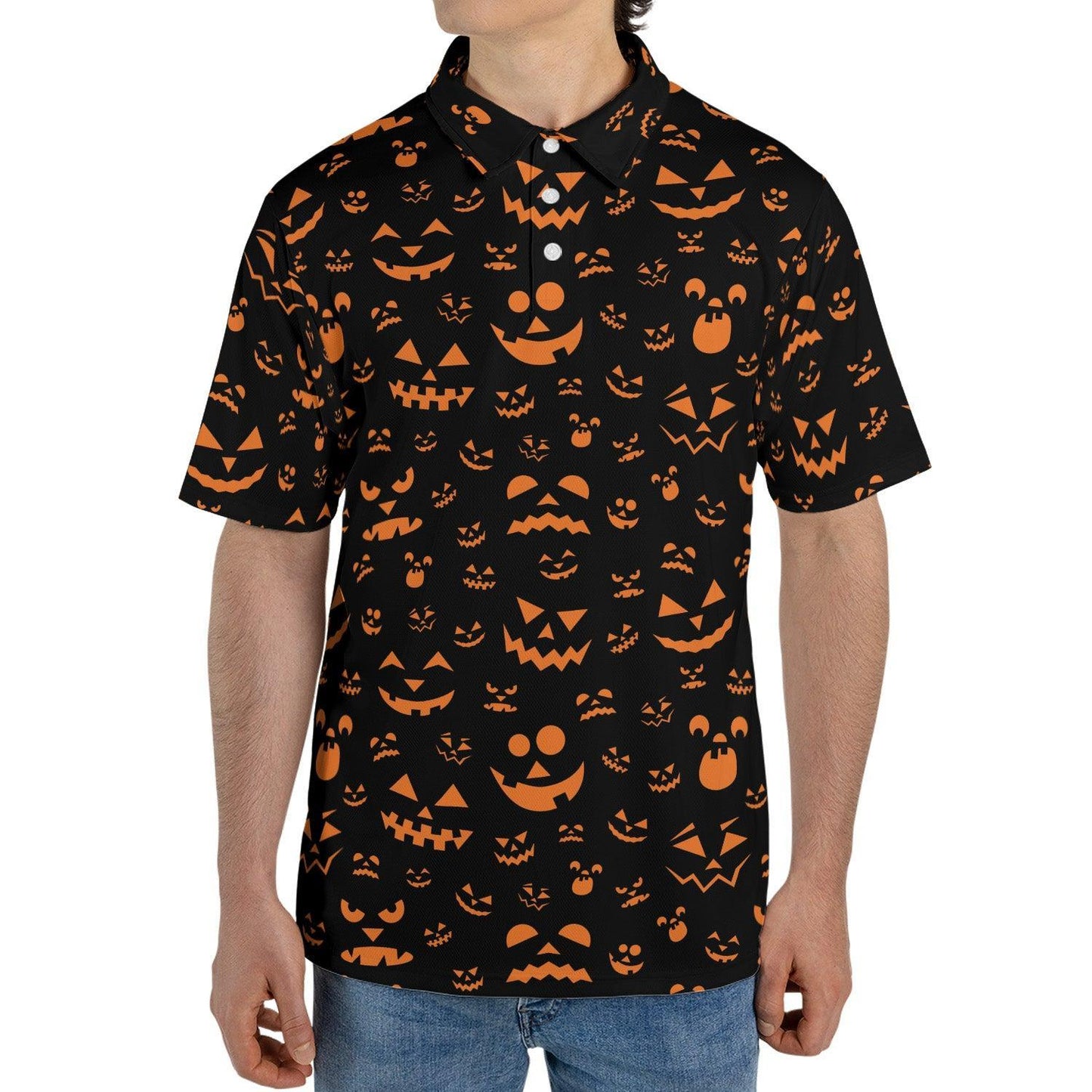 Halloween Jack O Lantern Polo Shirt for Men Black Orange Moisture Wicking Short Sleeve Golf Top