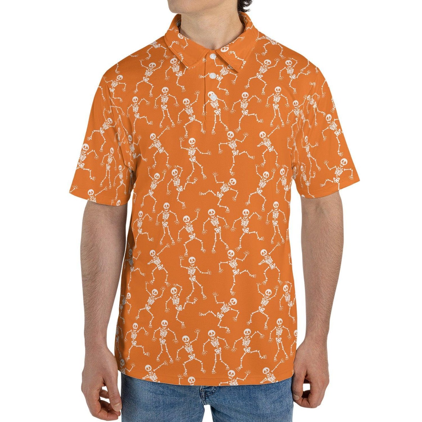 Halloween Skeleton Polo Shirt for Men Orange White Moisture Wicking Short Sleeve Golf Top