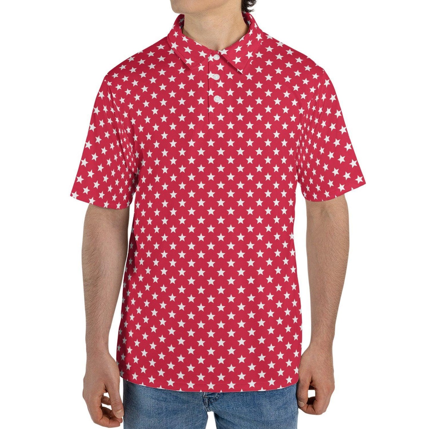4th of July Red Polo Patriotic Golf Shirt for Men White Stars Moisture Wicking Summer Top