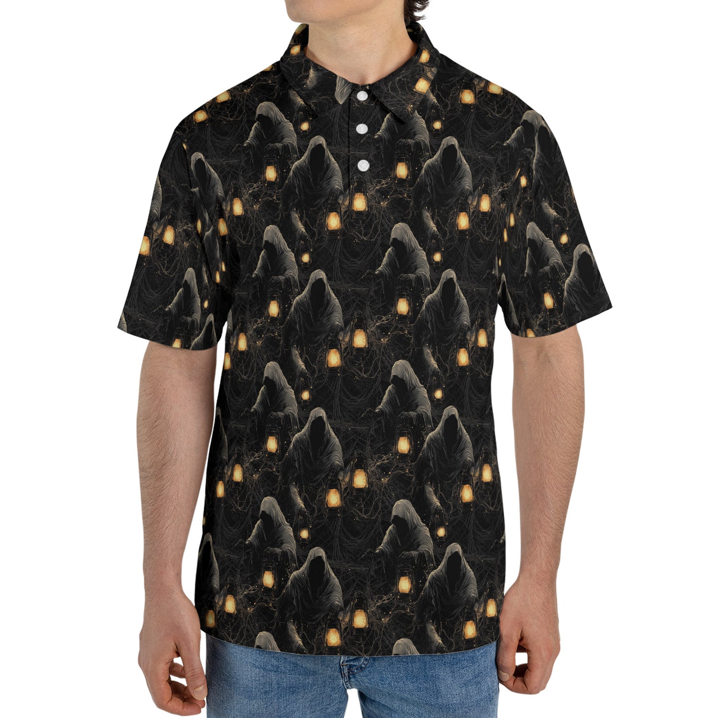Grim Reaper Lantern Halloween Polo Shirt for Men Moisture Wicking Short Sleeve Golf Top