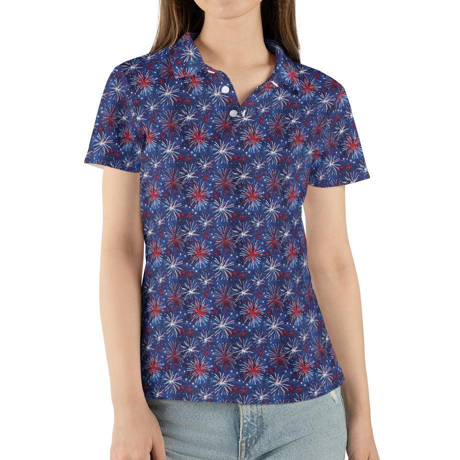 4th of July Blue Polo Patriotic Golf Shirt for Women Red White Blue Fireworks Moisture Wicking Summer Top