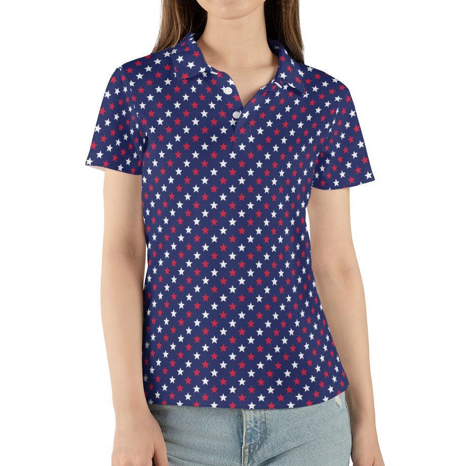 4th of July Blue Polo Patriotic Golf Shirt for Women Red and White Stars Moisture Wicking Summer Top