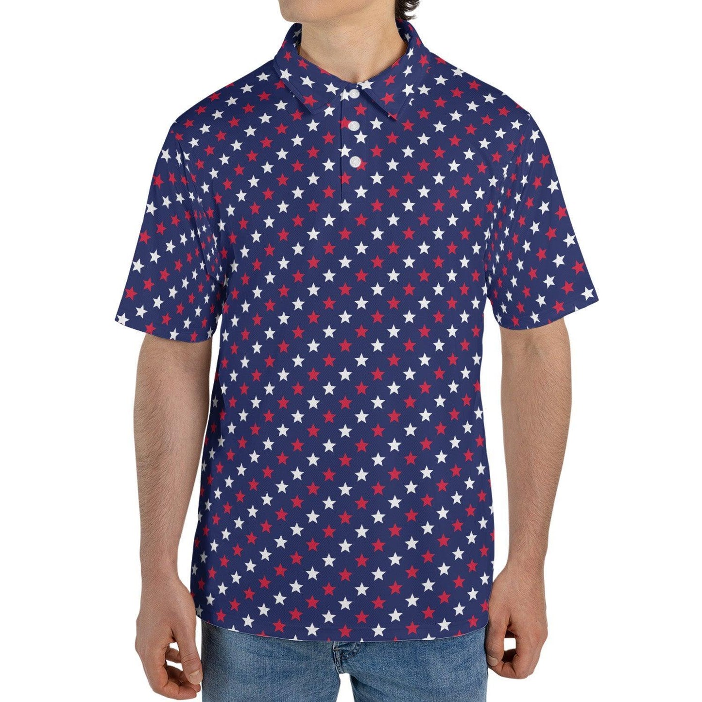 4th of July Blue Polo Patriotic Golf Shirt for Men Red and White Stars Moisture Wicking Summer Top
