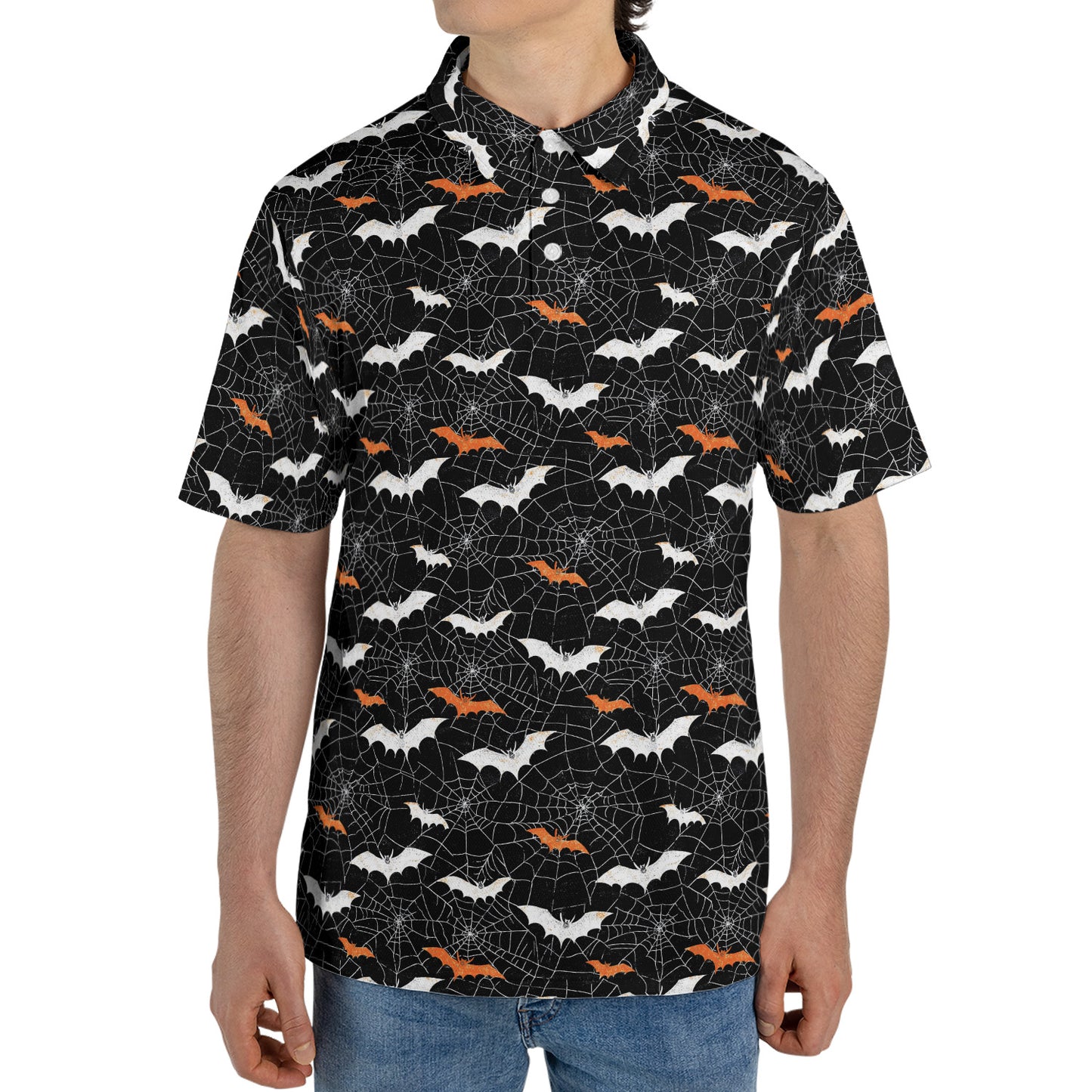 Halloween Bat Spiderweb Polo Shirt for Men Spooky Costume Moisture Wicking Short Sleeve Golf Top