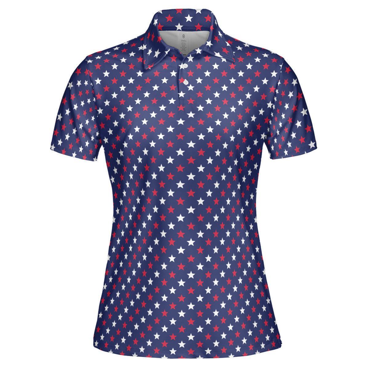 4th of July Blue Polo Patriotic Golf Shirt for Women Red and White Stars Moisture Wicking Summer Top