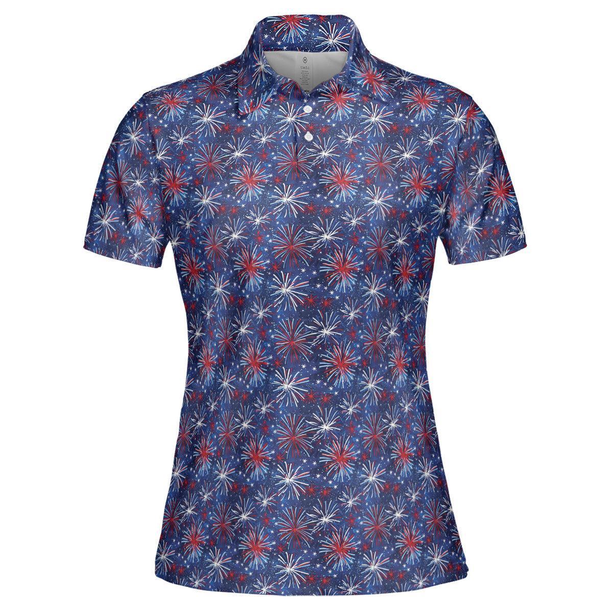 4th of July Blue Polo Patriotic Golf Shirt for Women Red White Blue Fireworks Moisture Wicking Summer Top
