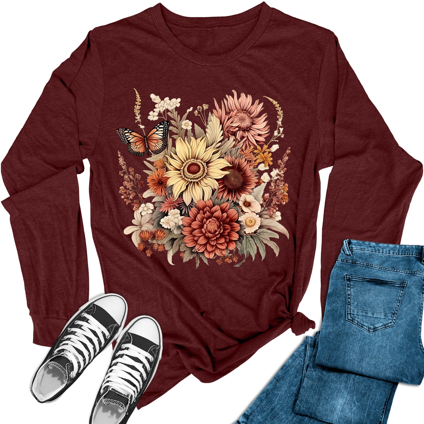 Women's Fall Flowers Long Sleeve Graphic Tees
