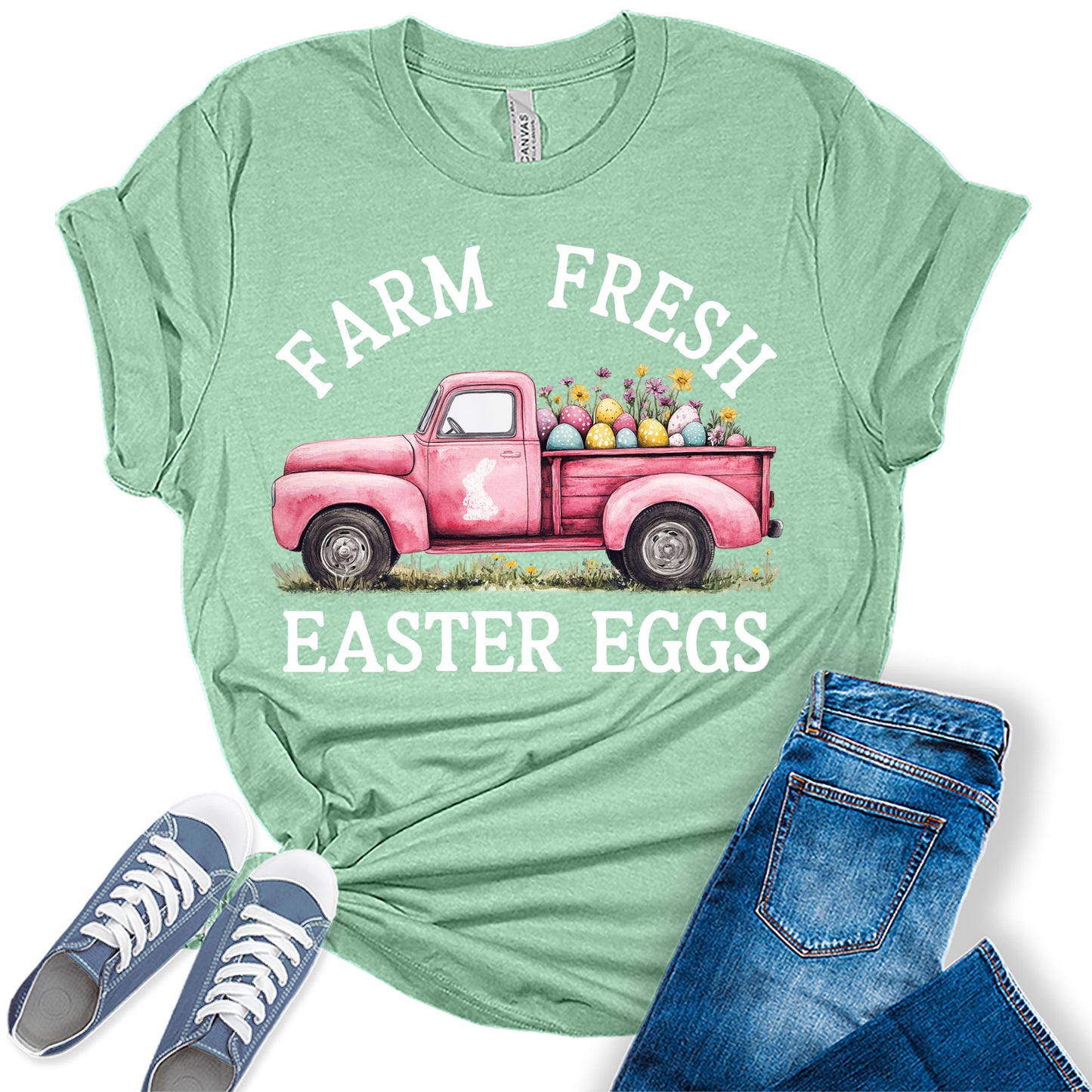 Women's Easter Shirts Farm Fresh Easter Eggs Truck Trendy Casual Graphic Tees Bella Plus Sized Tops