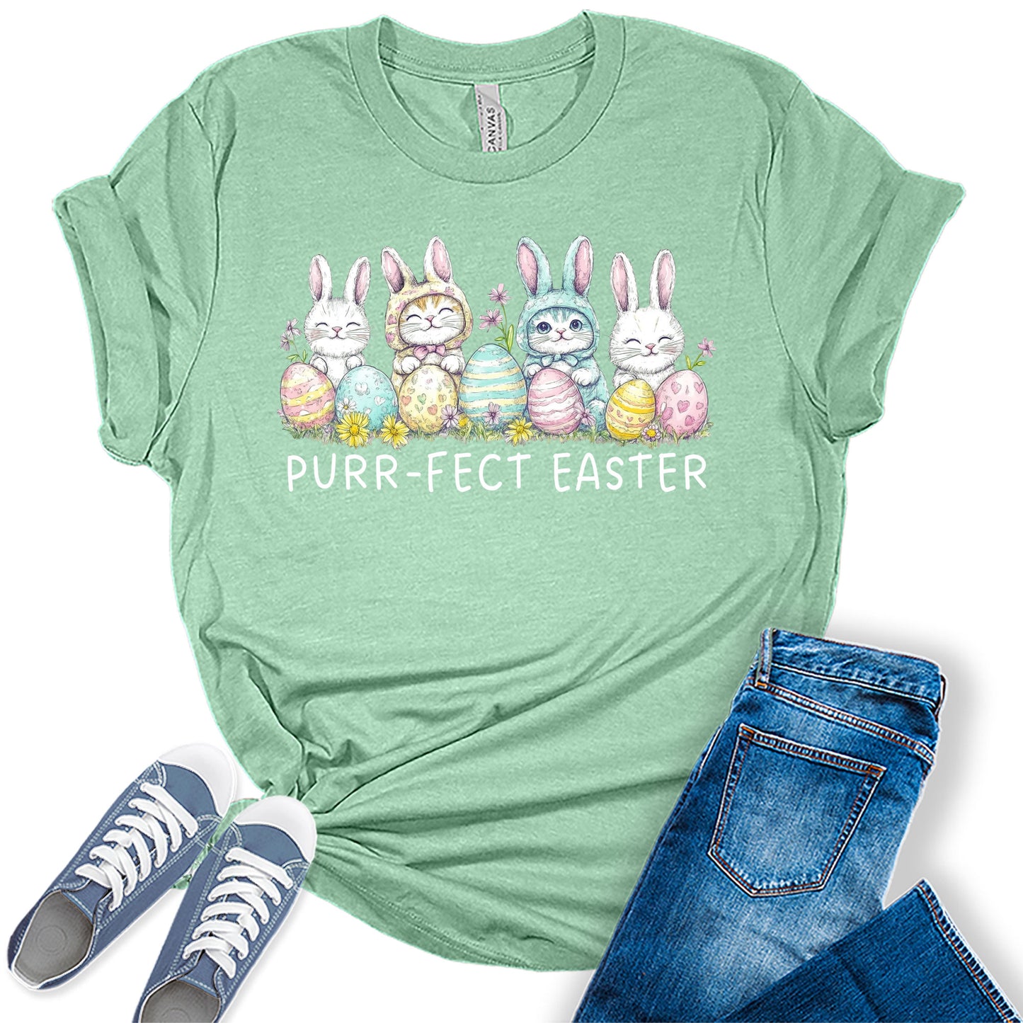 Purr-fect Easter Shirt for Women Cute Cat Bunny Spring Holiday Bella Plus Size Graphic Tee
