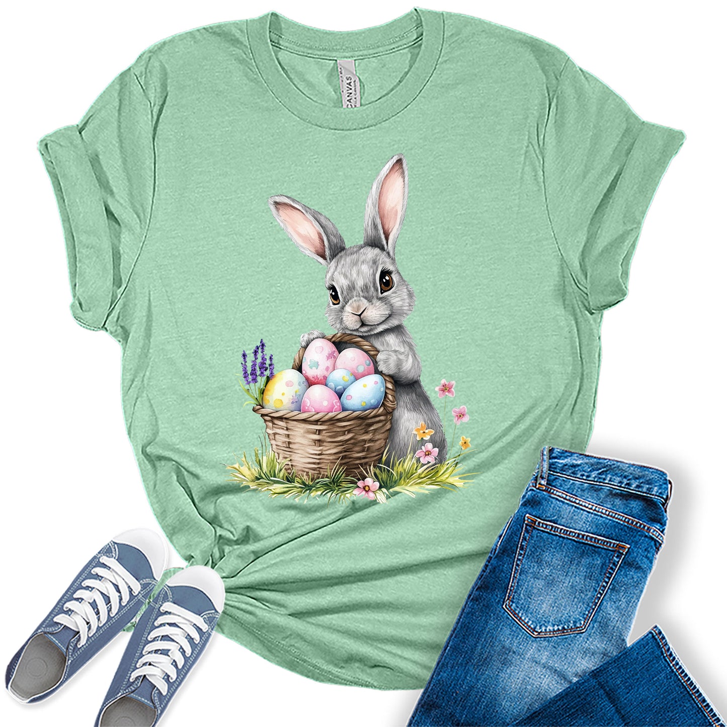 Easter Bunny Shirt Cute Pastel Egg T-Shirt Spring Floral Holiday Bella Plus Size Tops